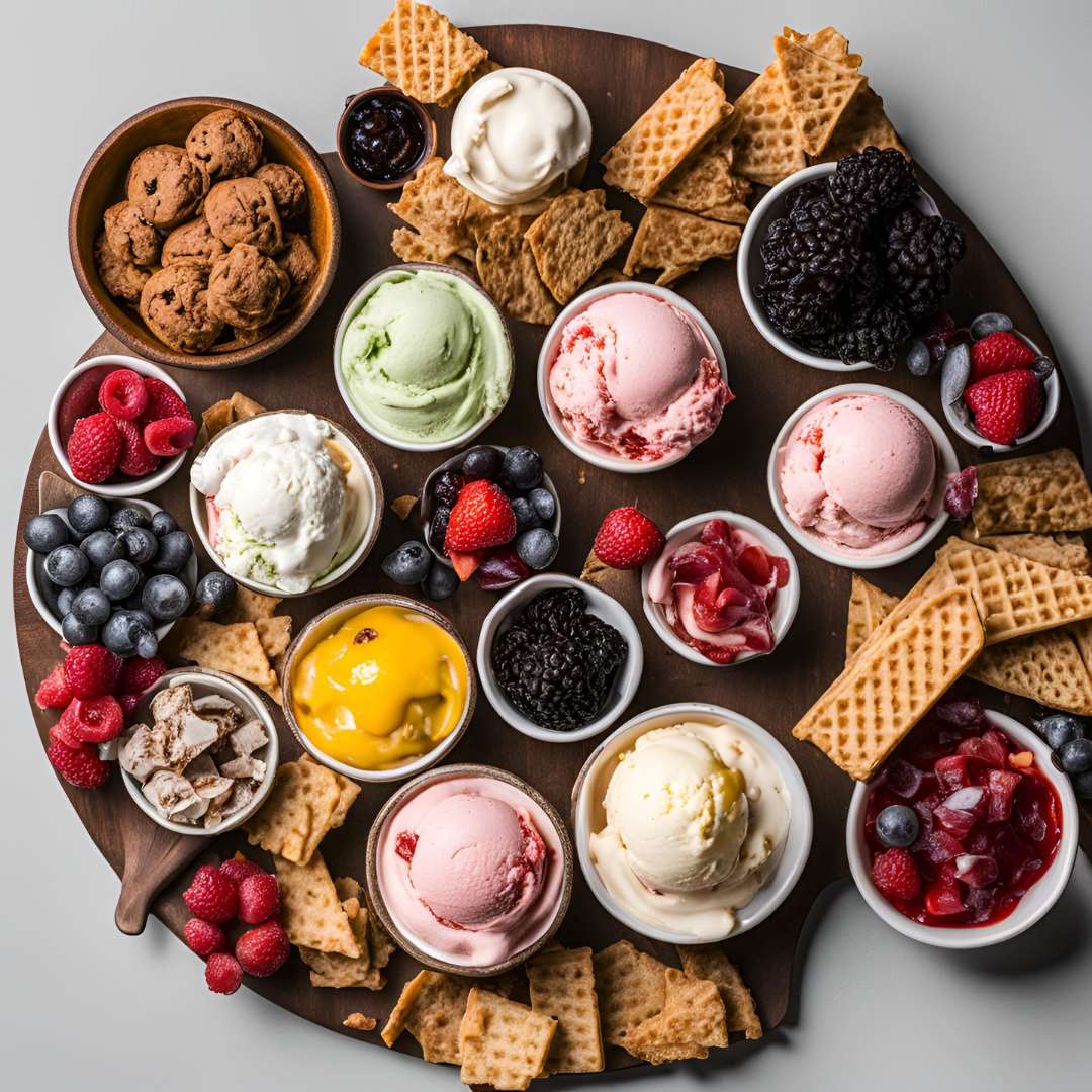 Sharing board with pots of different flavour ice creams and toppings like berries and wafers